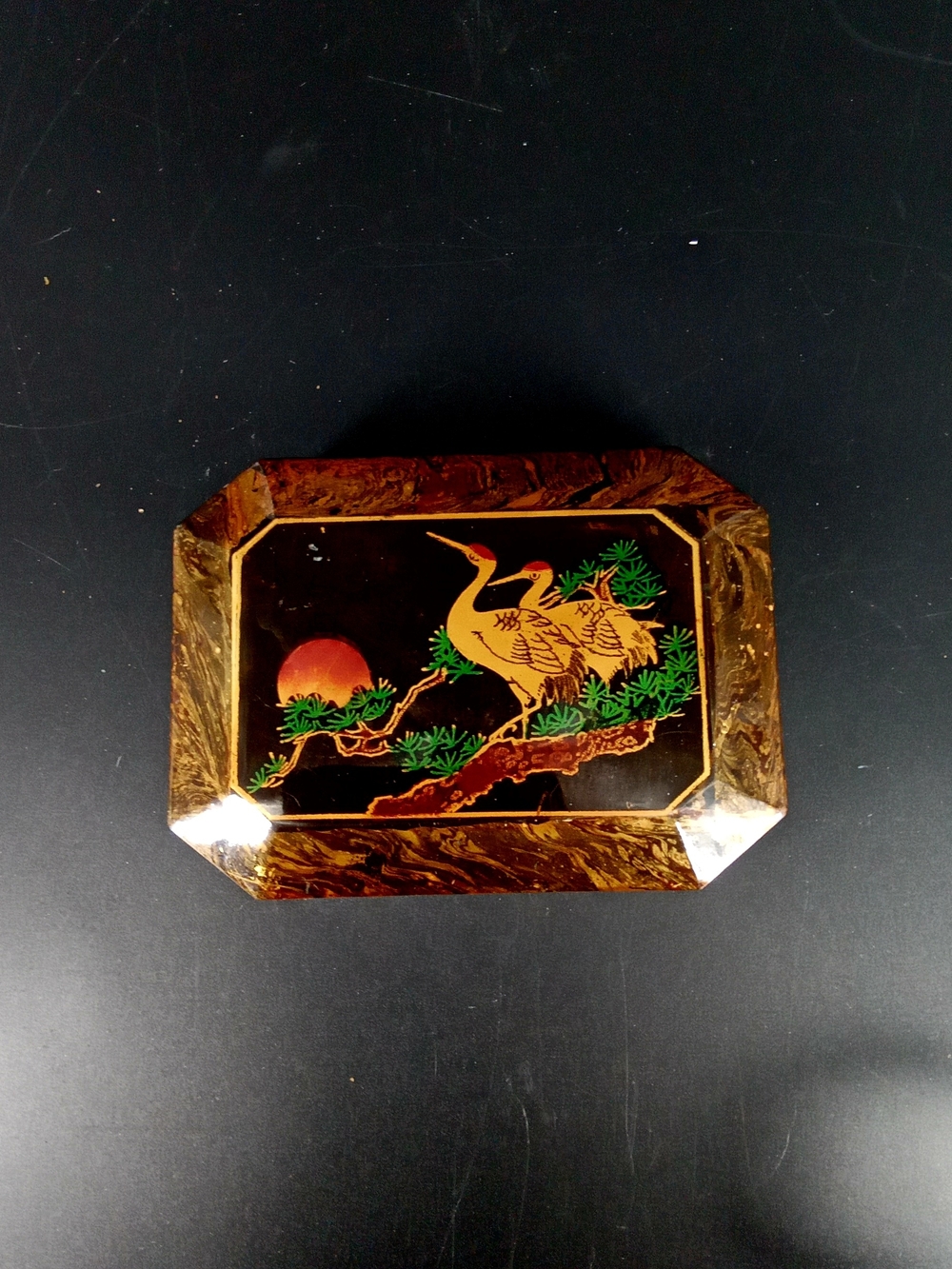 Source Unknown Gold Crane and Green Pine Lacquered Trinket Box